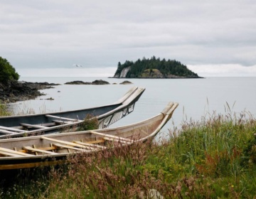 Haida canoes on the shoreline in front of the Haida Heritage Centre