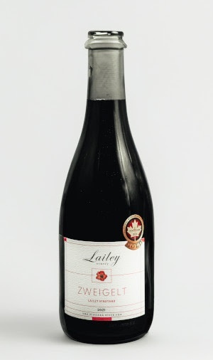 A bottle of the 2024 mystery wine selection, the Lailey Vineyard Zweigelt